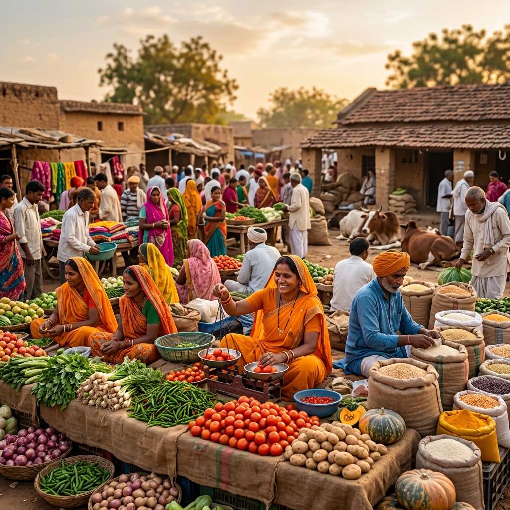 Indian farmers selling produce at rural marketplace